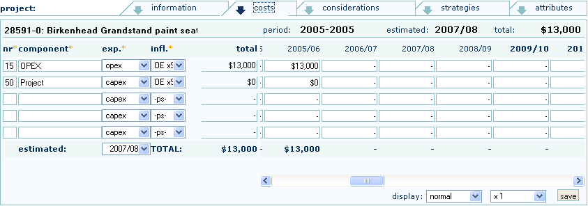 Projects Costs Screen