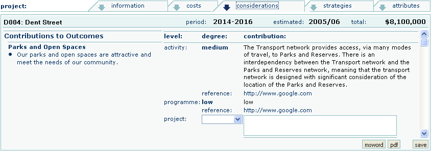 Projects Considerations Screen