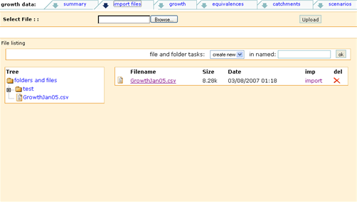 Growth Model Import Screen