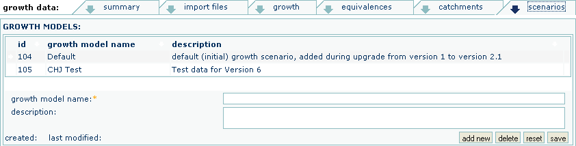 Growth Model Scenarios Screen